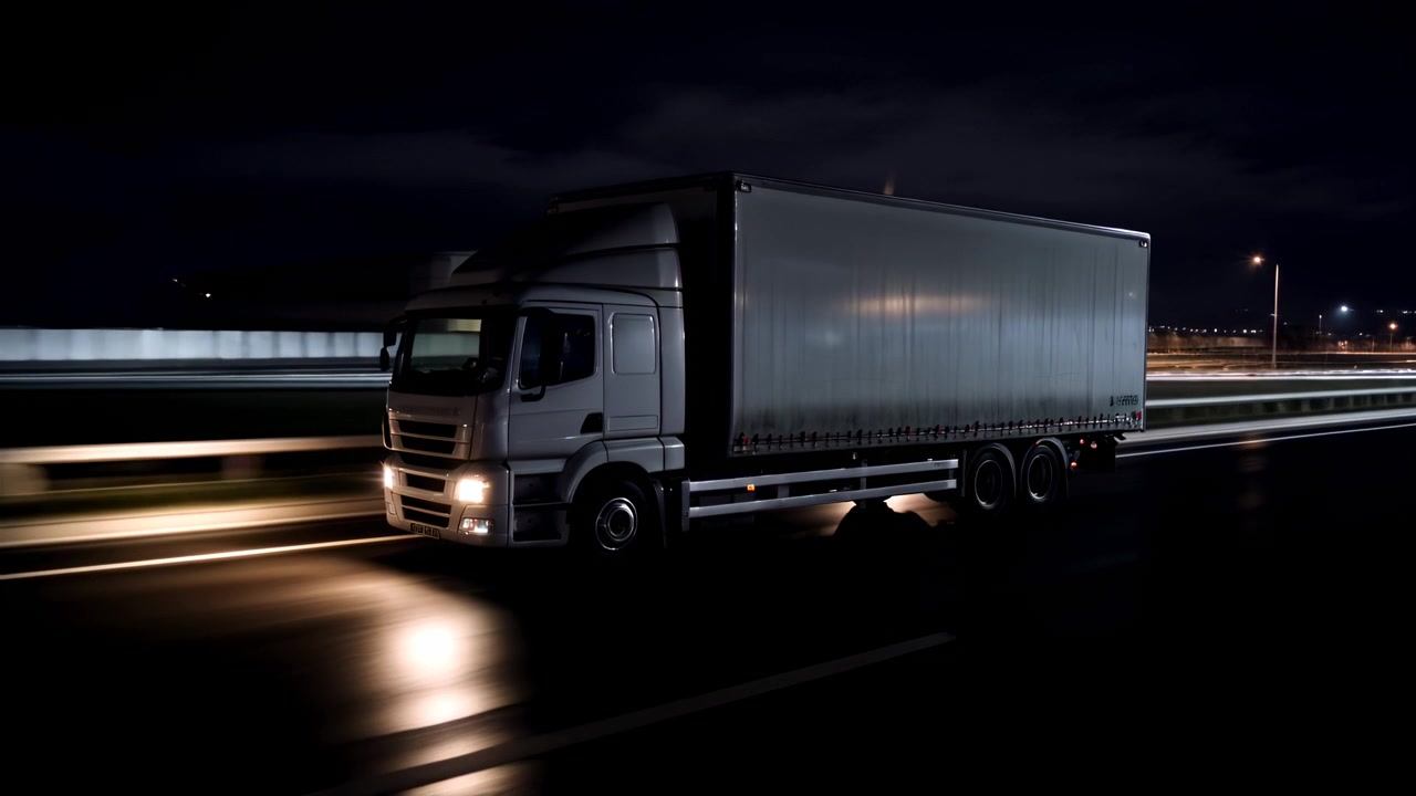 Camion bianco che guida in autostrada di notte