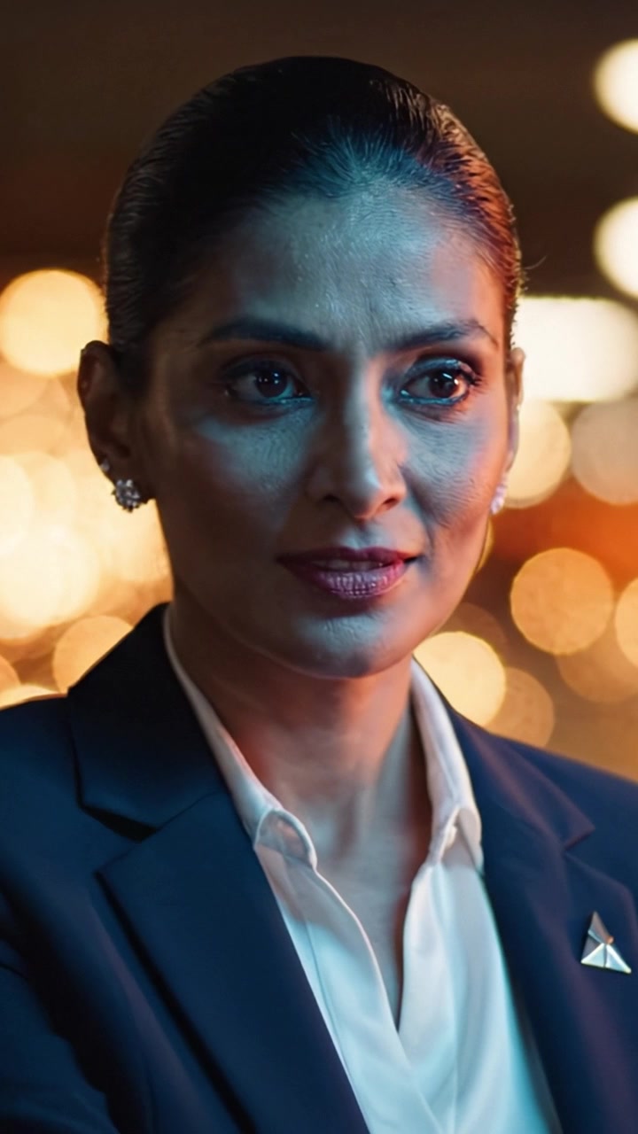 Uma Mulher Profissional Confiante em um Cenário Escuro com Luzes Bokeh Quentes, Exibindo Postura e Determinação em Sua Expressão Durante um Momento Intenso