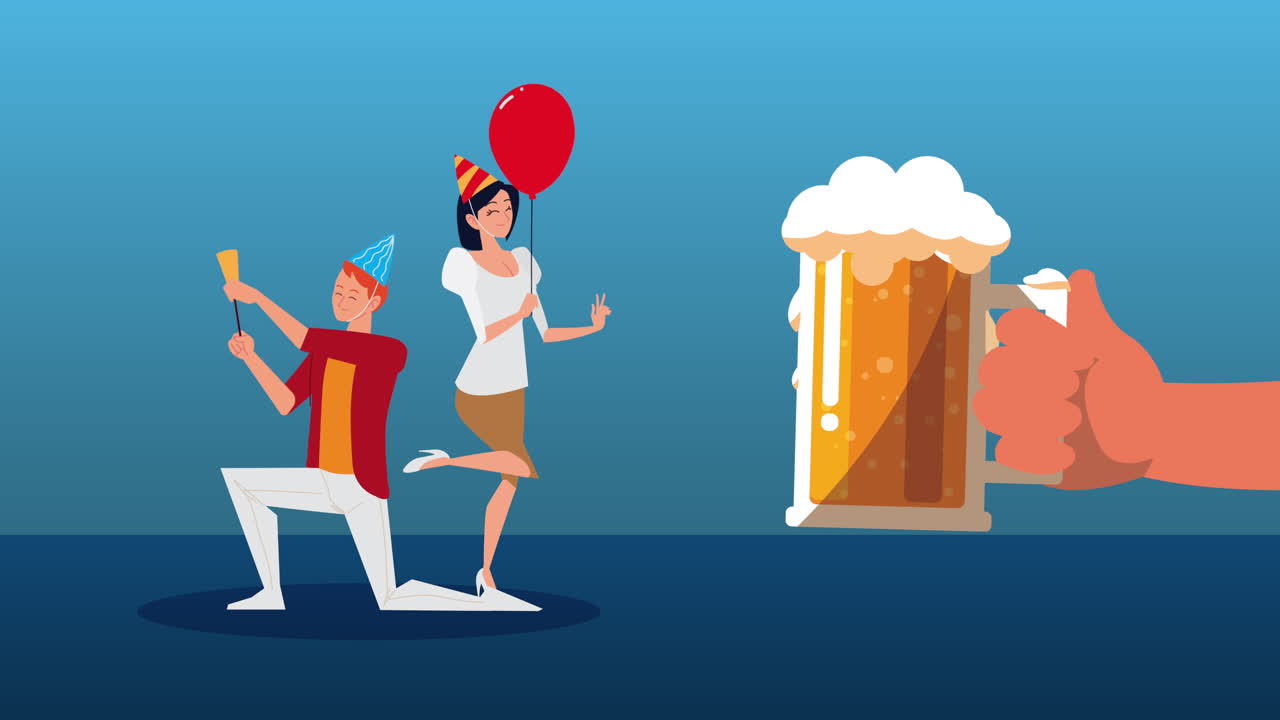 una pareja celebra con un frasco de cerveza.