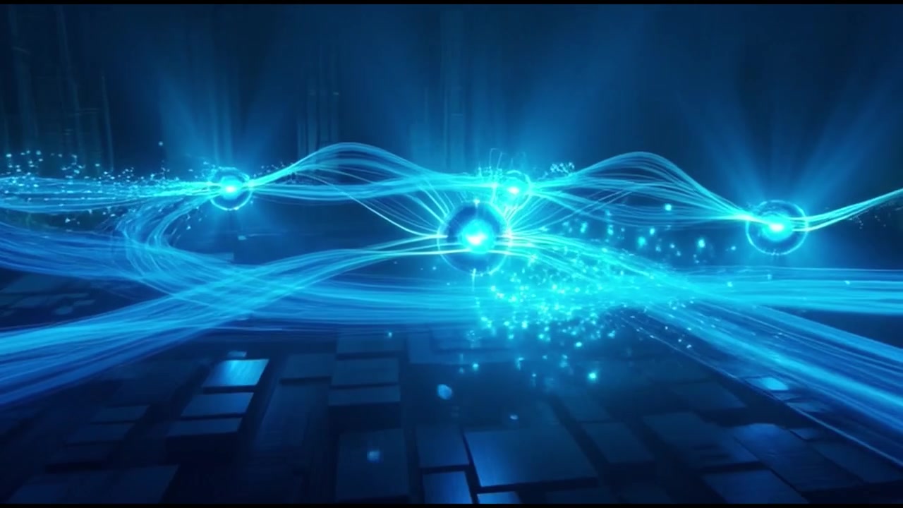 Abstract Digital Network Connecting Glowing Spheres with Light Trails