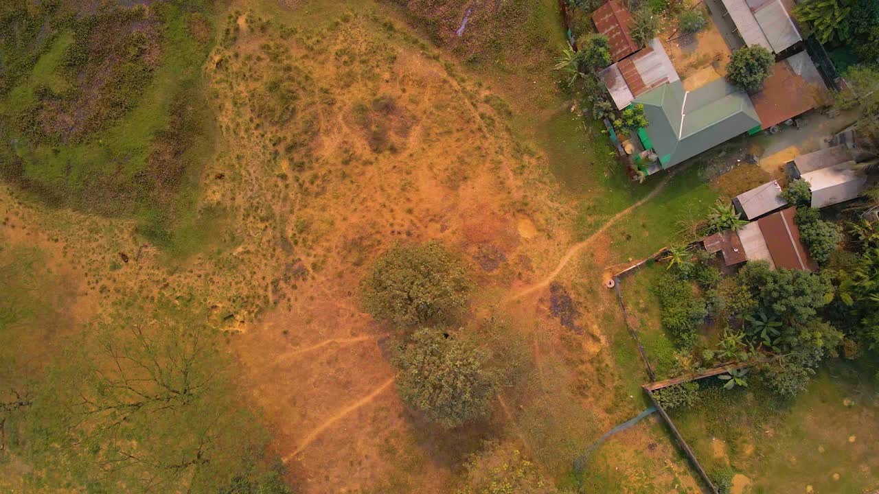 Aerial overhead view of a farming area in the countryside of India