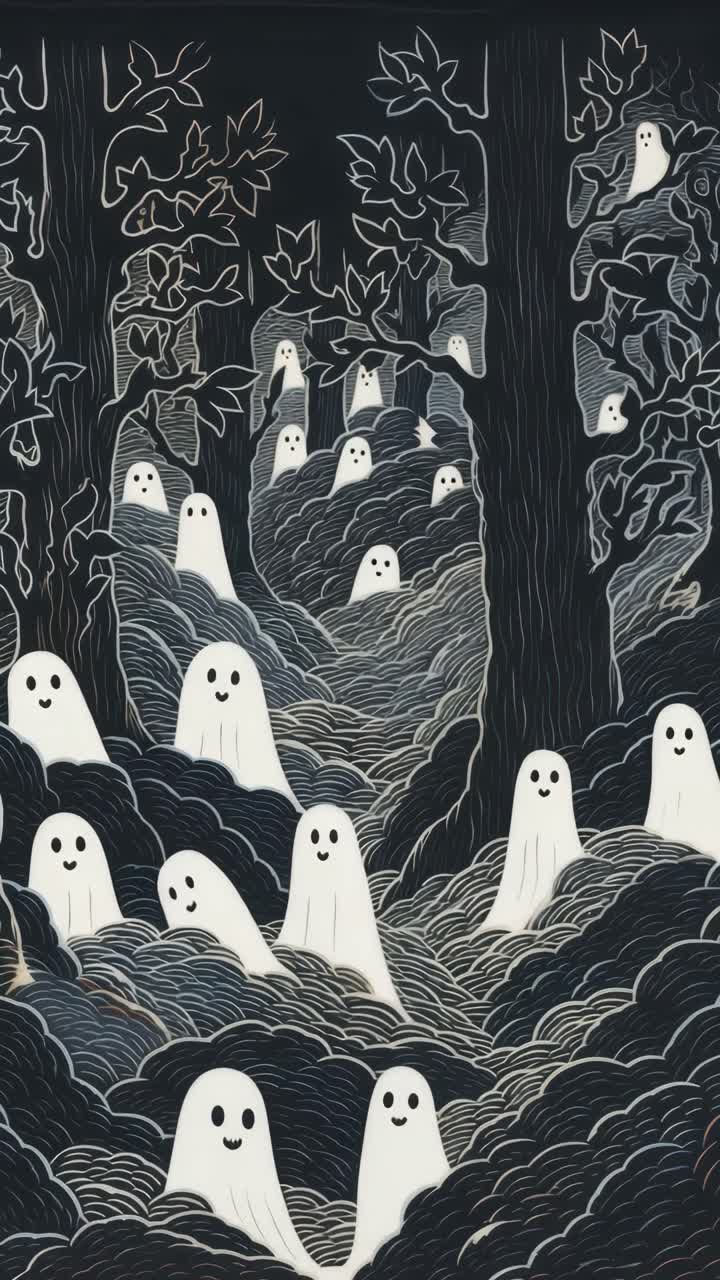 Whimsical illustration of smiling ghosts in a forest, captured from a frontal angle