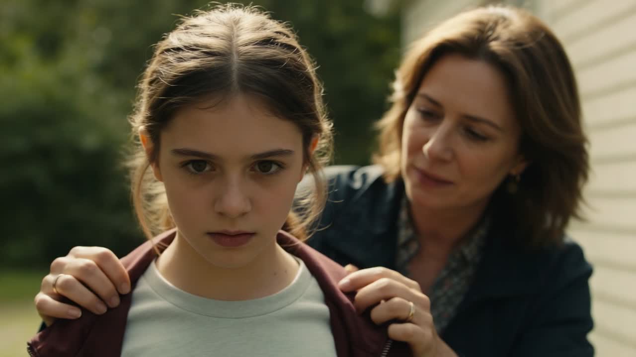 Approaching mother placing hands on teen's shoulders at house exterior, straightening maroon hoodie