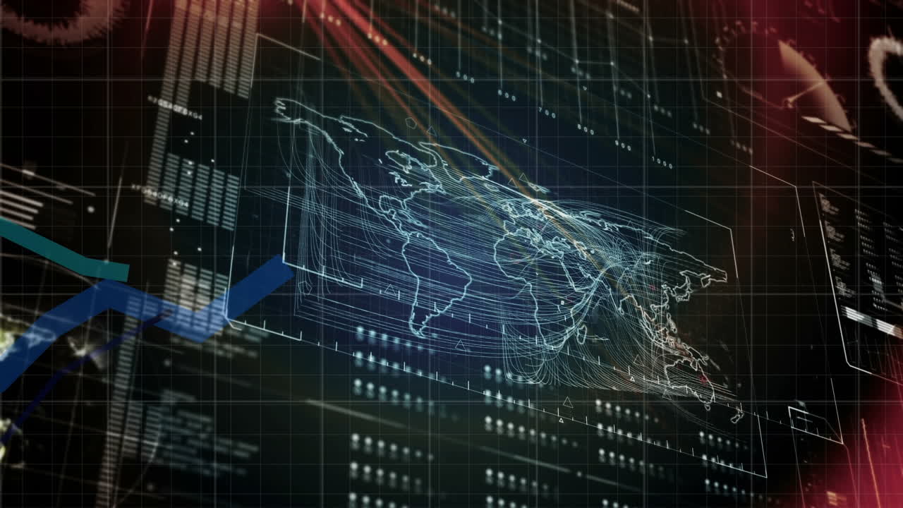 Animation of diverse data processing, world map and globe on black screen with red lights