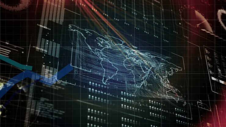 Animation of diverse data processing, world map and globe on black screen with red lights
