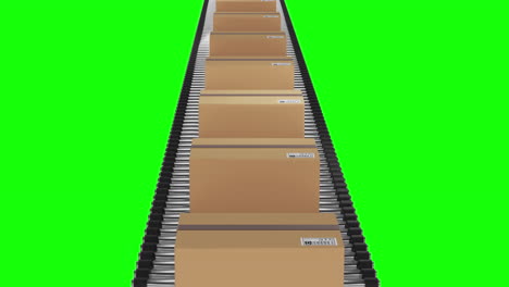 single row of cardboard packing boxes moving on conveyor belt with green screen background