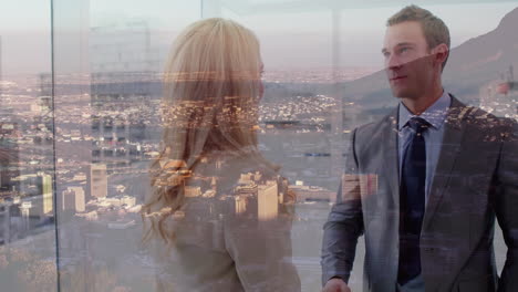 animation of businessman handshake over cityscape