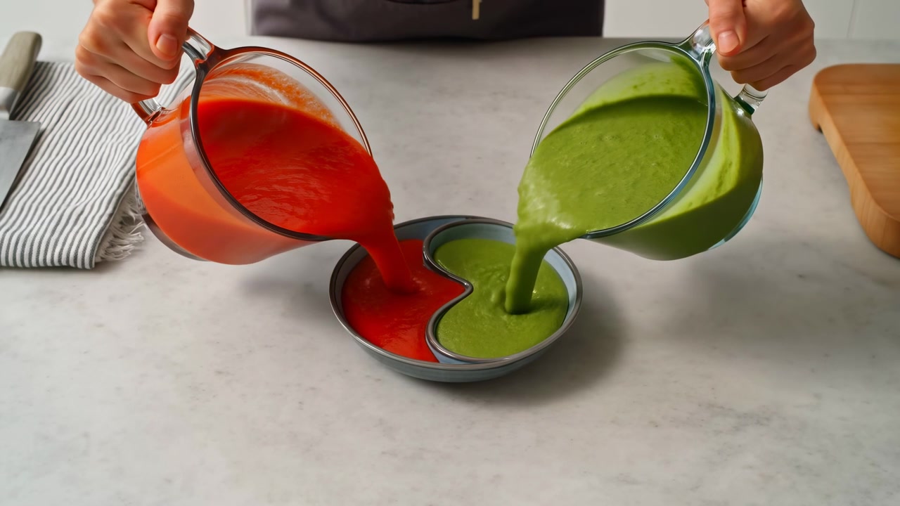 Simultaneous pour of thick red and green sauces from clear glass pitchers into separate sections of pale blue yin yang ceramic serving bowl on light marble countertop, creating glossy streams and