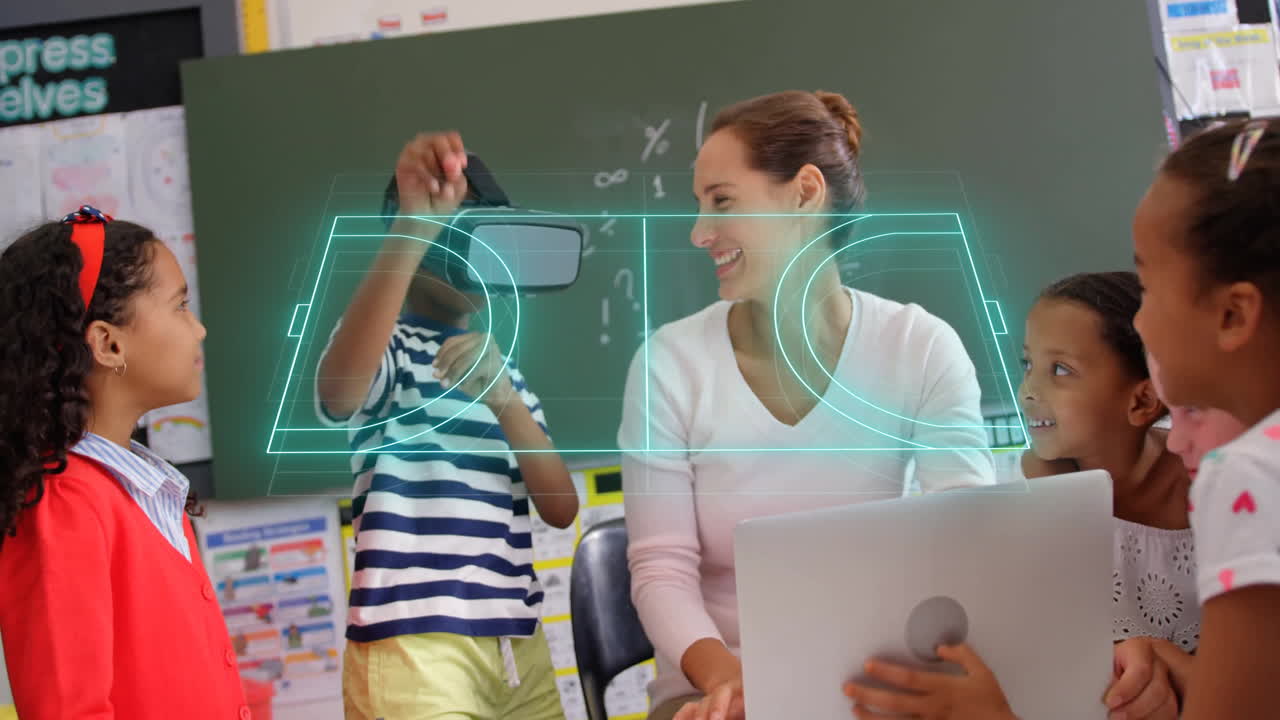 Children and teacher interacting with virtual reality animation in classroom