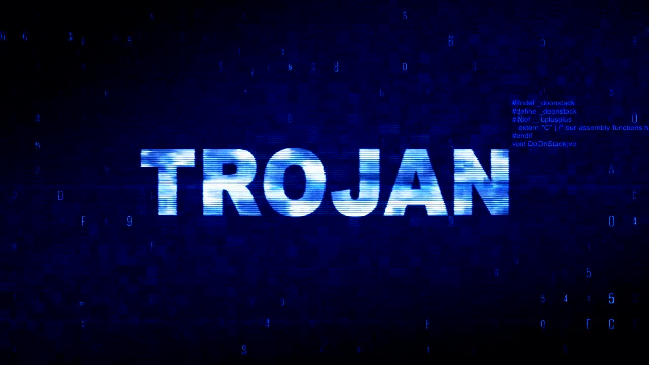 trojan texto ruido digital sacudida glitch distorsión efecto error animación.