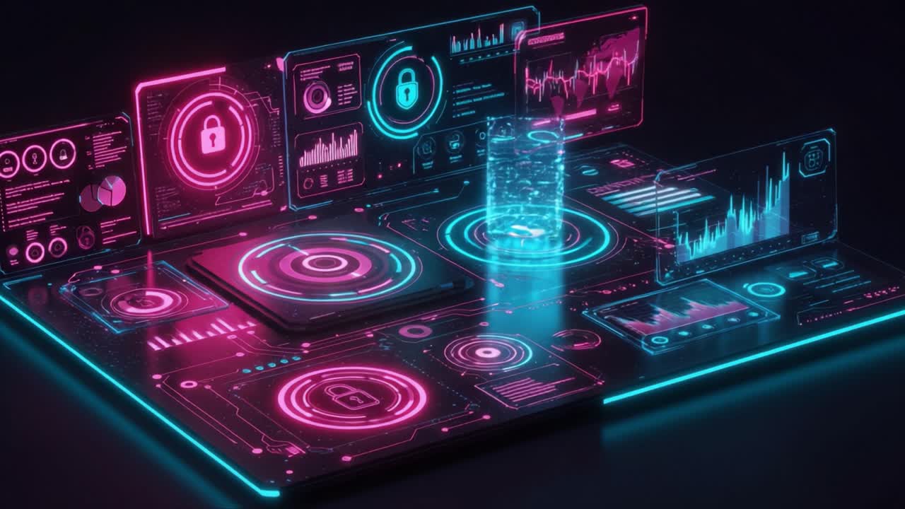 Futuristic Digital Interface Displaying Data Analytics and Security Measures with Visual Graphs, Lock Symbols, and Neon Lighting Effects in a High-Tech Environment