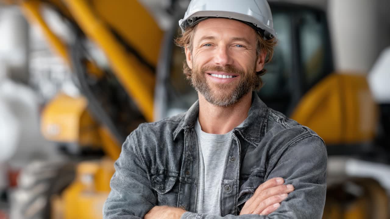 A Confident Construction Worker Smiling at the Camera, Showcasing His Expertise and Professionalism in a Busy Equipment-Filled Environment