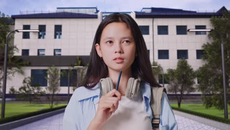 close up of asian teen girl student with a backpack taking note on notebook and thinking then raising her index finger while standing in front of a school building