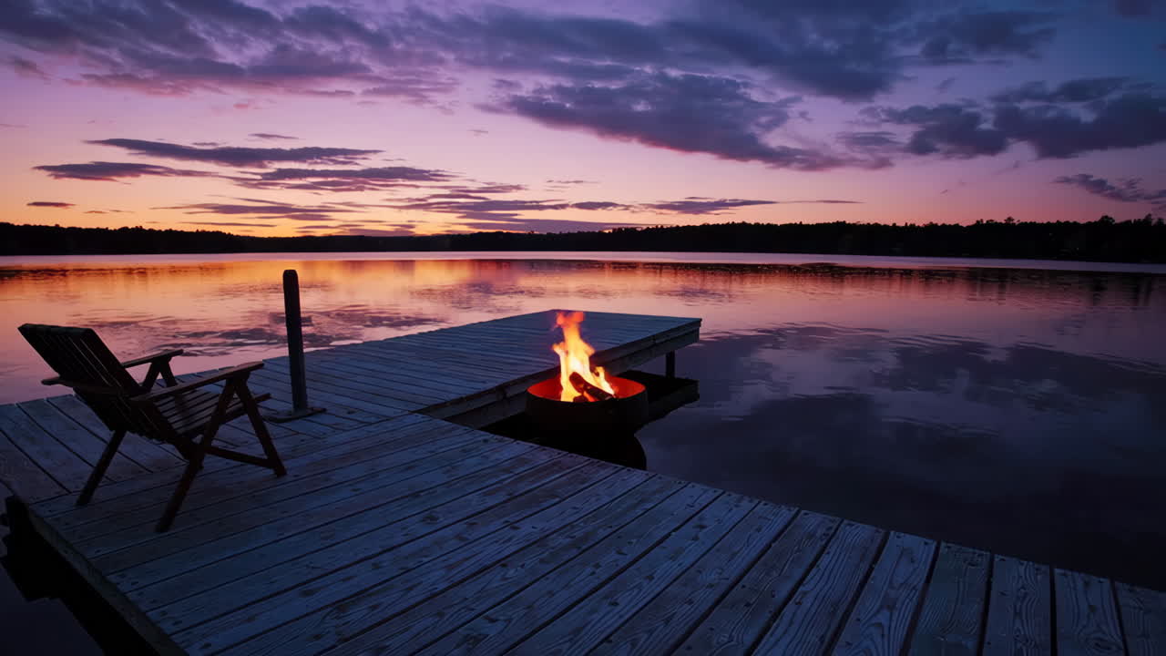 Tranquil Sunset by the Lake with a Fire Pit on a Dock