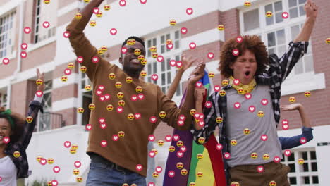 Animation-of-social-media-icons-over-group-of-diverse-people-holding-pride-flag-protesting-on-street