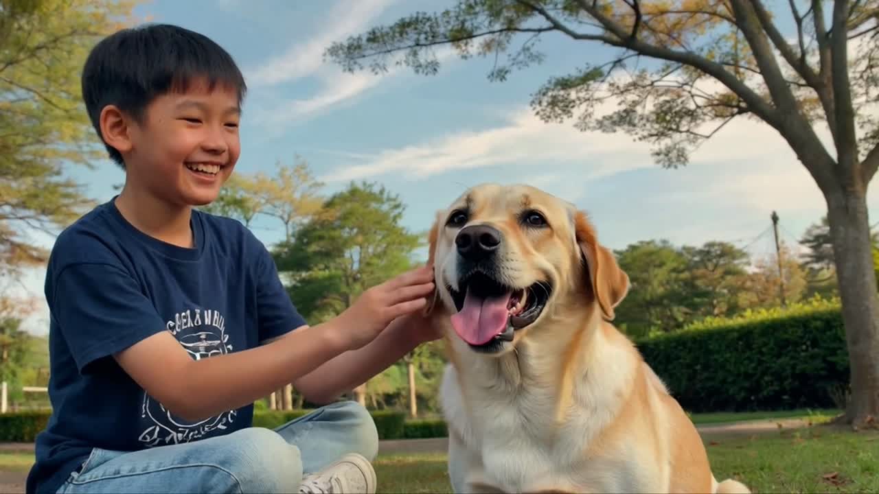 Smiling Young Asian Boy Happily Petting His Labrador Dog in a Park.