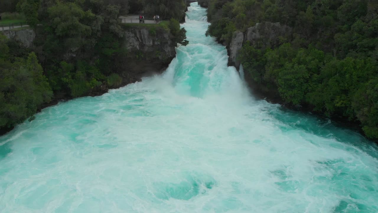 Aerial drone flight backwards from Huka Falls, New Zealand