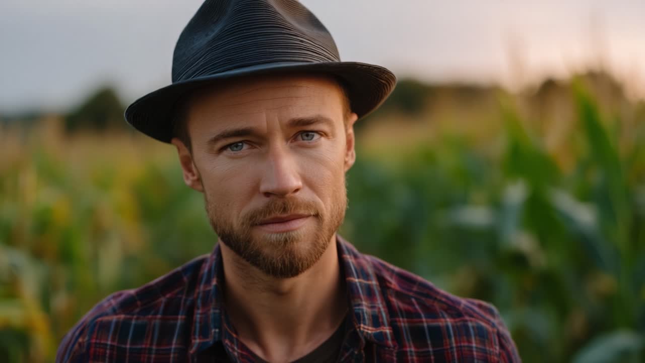 A contemplative man in a stylish hat gazes thoughtfully amidst vibrant green fields as the sun sets, reflecting on nature and life's simple pleasures