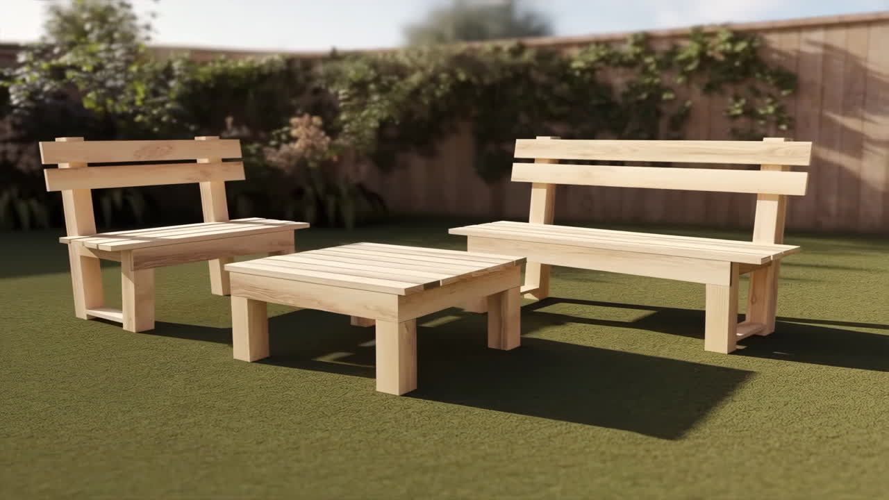Wooden Outdoor Furniture Set on Green Grass