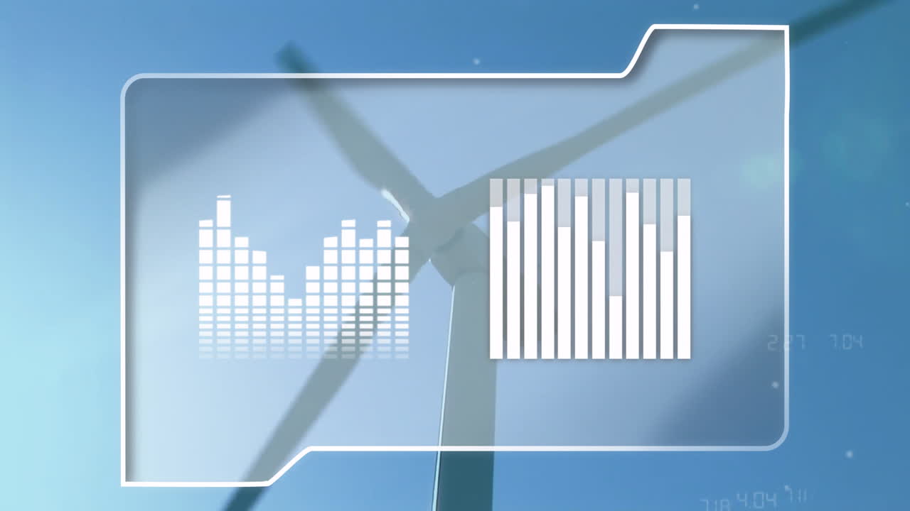 Wind turbine with animation of data graphs overlaying blue sky background