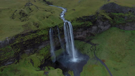 aerial view of seljalandsfoss waterfall in iceland during a cloudy day