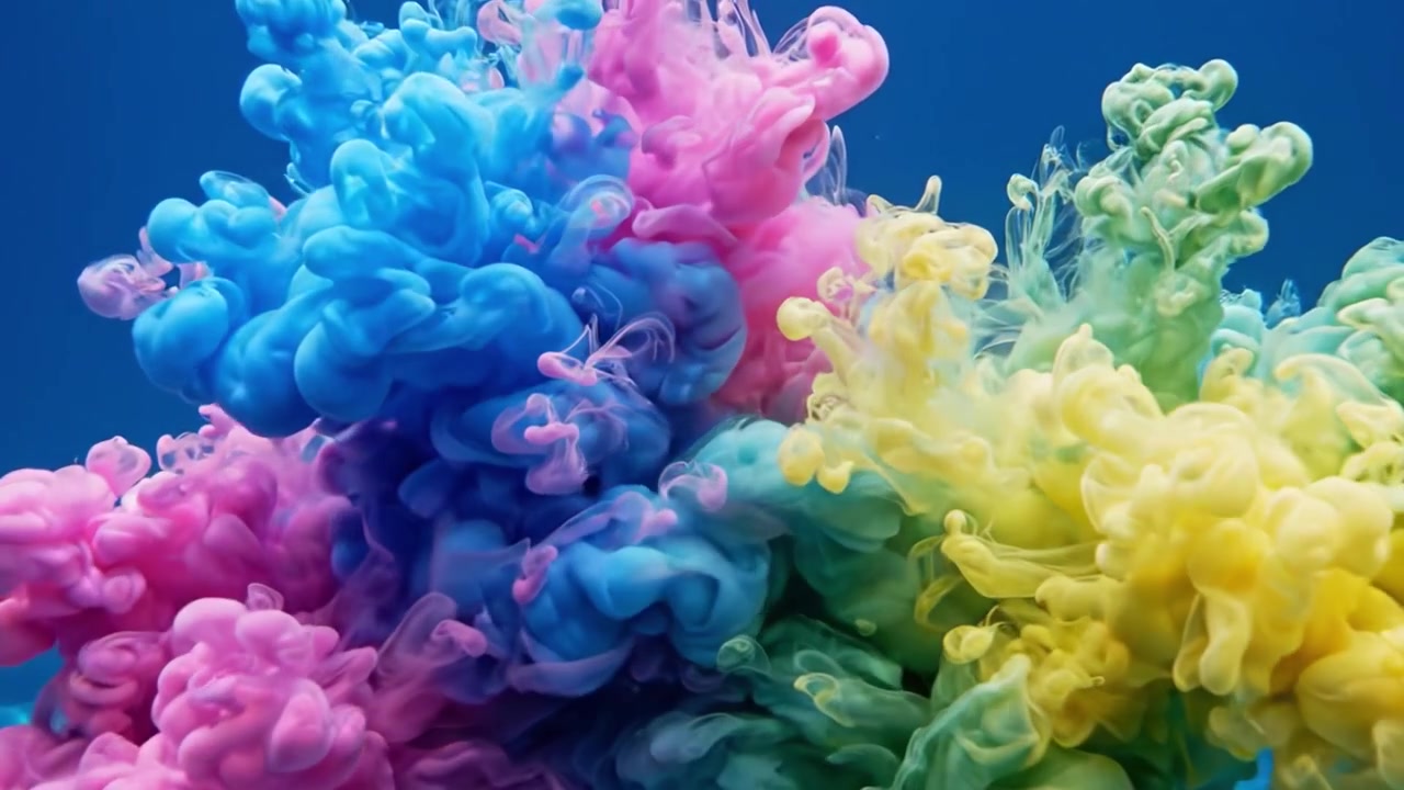 Colores arremolinados en el agua: Difusión vívida de tinta bajo el agua creando impresionantes imágenes de ondas vibrantes y patrones etéreos en una escena oceánica de ensueño.