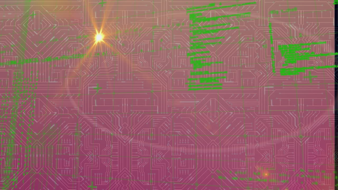 디지털 컴퓨터 언어의 애니메이션과 그래픽 회로 보드 위로 움직이는 조명 빛
