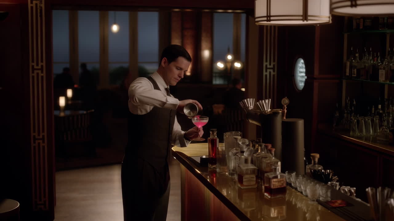 Bartender pouring a cocktail at an elegant bar