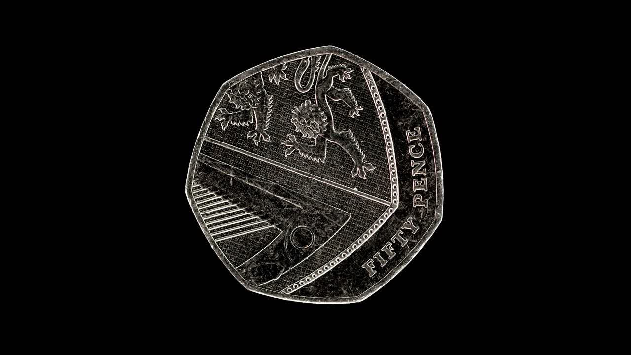 United Kingdom 50 pence 2015 reverse with Royal Shield of Arms, macro loop on black background