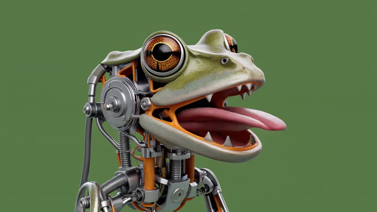 Robotfrø med mekaniske dele, der strækker tungen ud