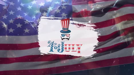animación del 4 de julio texto y sombrero de arriba sobre la bandera de los estados unidos de américa.