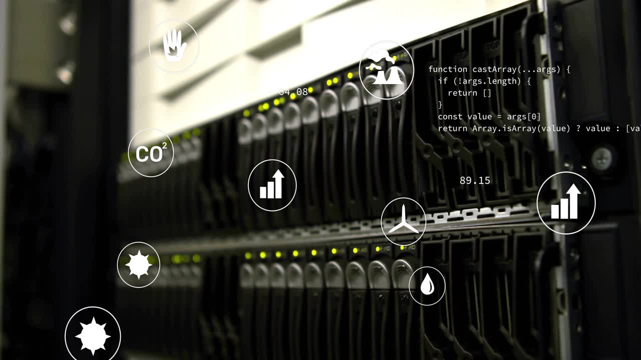 Row of blade servers showing LED lights while displaying code overlays and eco performance icons