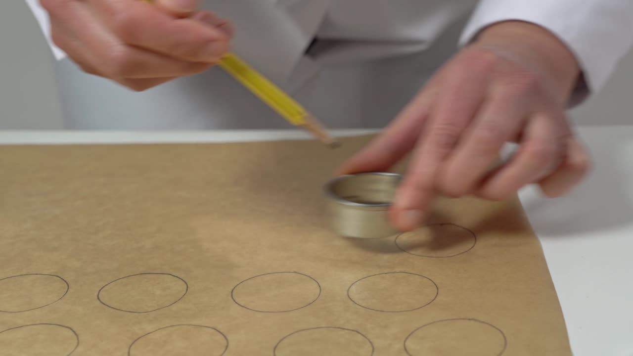 페르가멘트 종이에 원형 모양을 만들기 위해 연필과 작은 금속 실린더를 사용하는 베이커, 마카론을 만드는 데 도움이됩니다.