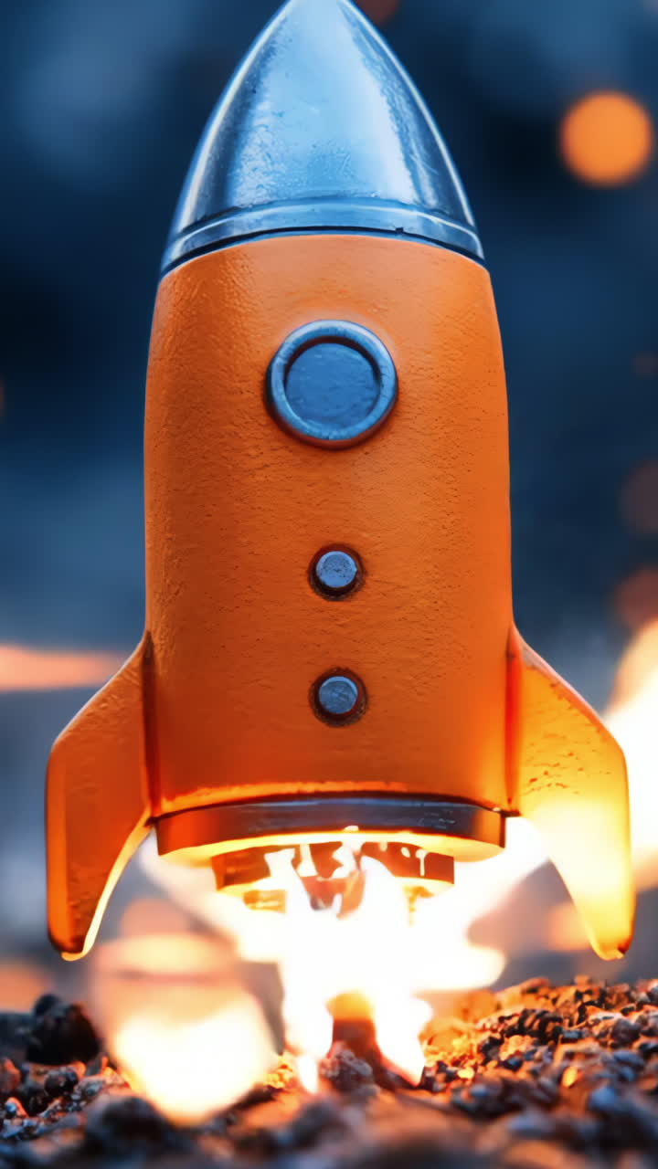 A small orange rocket is on the ground with a bright orange flame coming out of it. The image has a playful and whimsical mood, as if the rocket is about to take off into space