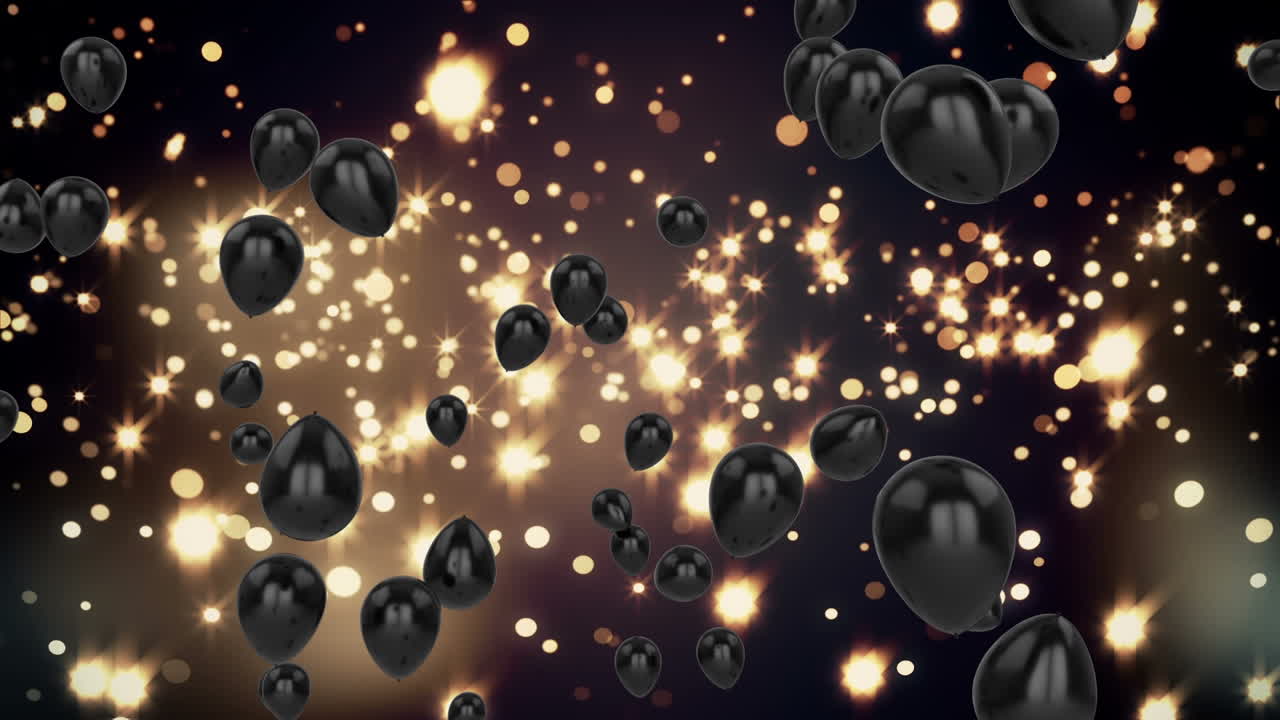 animación de globos negros volando y luces sobre un fondo negro