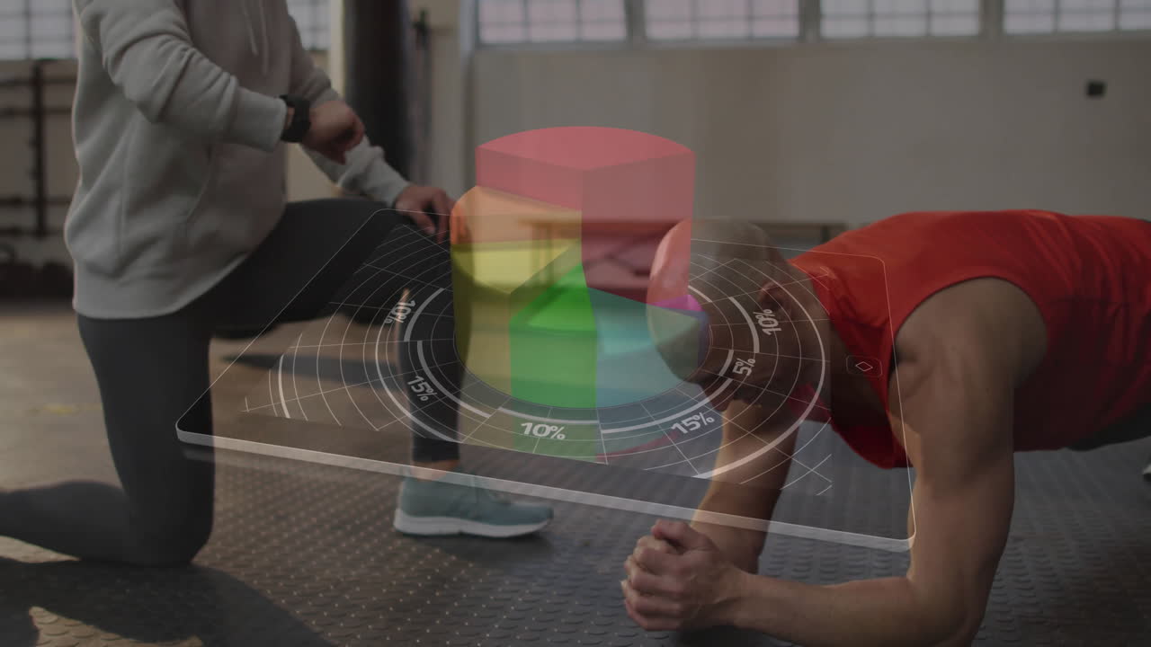 People exercising in gym with colorful 3D chart animation overlay