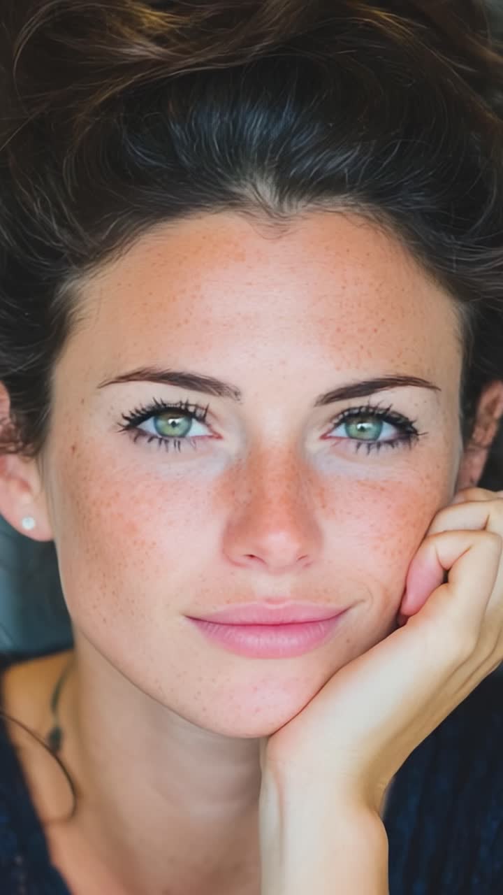 A Close-Up Portrait of a Beautiful Woman with Freckles, Capturing Her Natural Radiance and Expressive Features in Soft Light