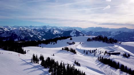 aerial view smooth movement along the ski slopes in the ski resort