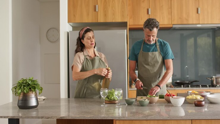 Una coppia in grembiule cucina in cucina, la donna apre una bottiglia sigillata con un apribottiglie mentre l'uomo taglia le verdure.