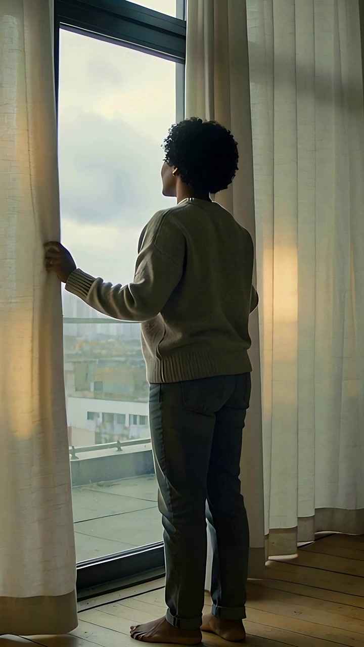 Vertical video: Opening woman in sweater and jeans drawing curtains at home door
