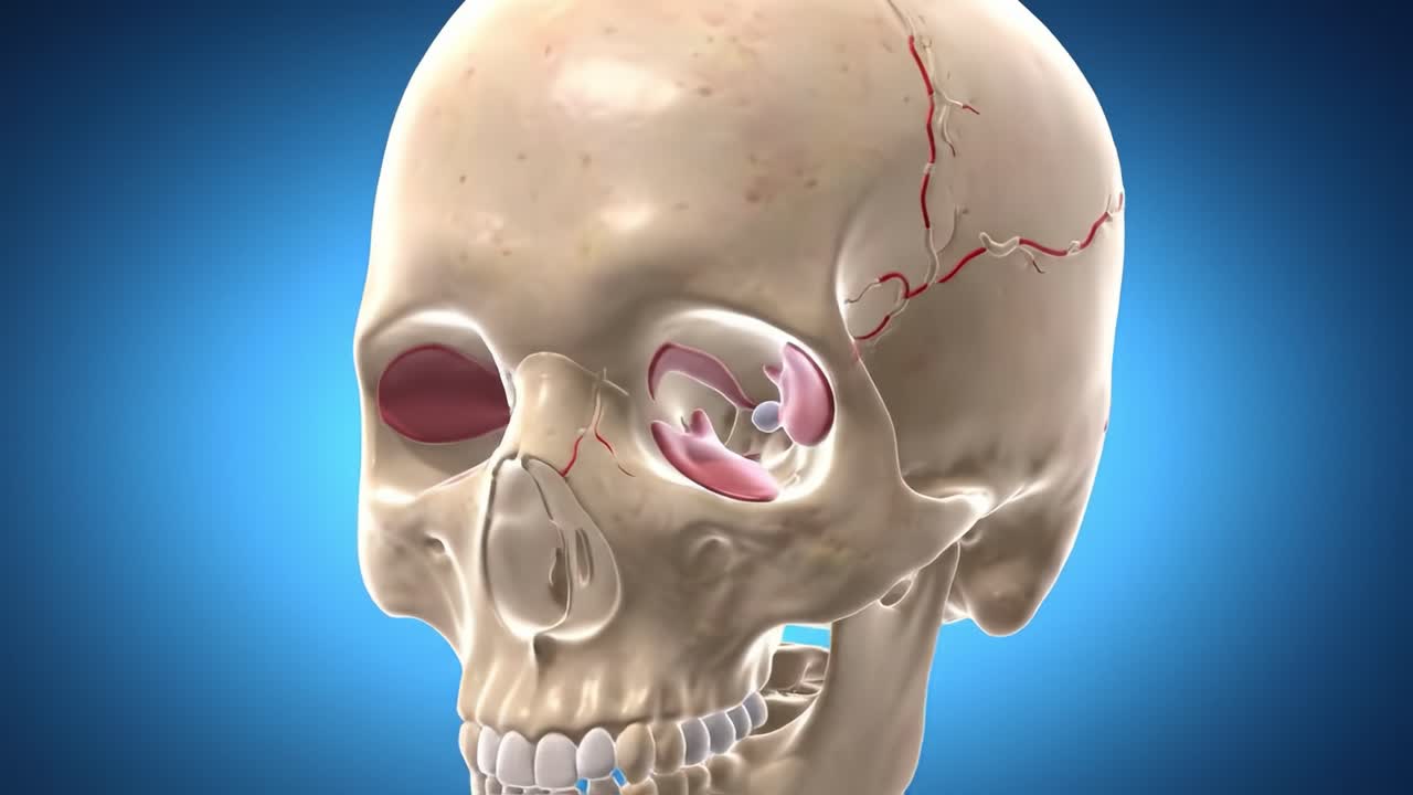 Detailed 3D Visualization of a Human Skull Anatomy Highlighting Internal Features with Emphasis on Eye Sockets and Vascular Structures for Educational Purposes