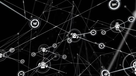 Animation-of-networks-of-connections-with-icons-over-black-background