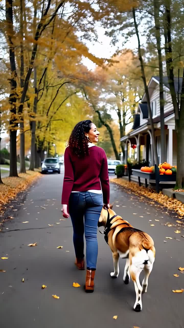 Woman Walking Dog on Autumn Street