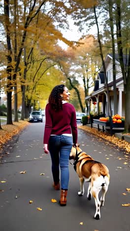 woman walking dog on autumn street