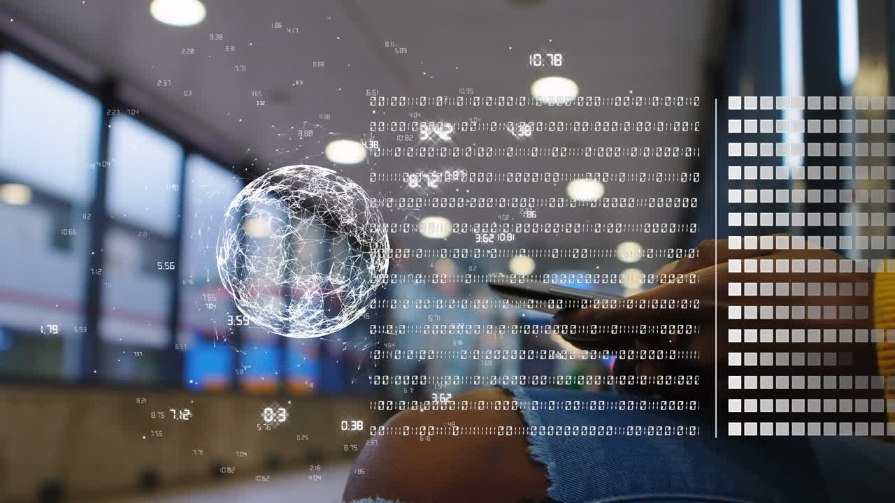 스마트 폰을 사용하는 두 인종 여성에 대한 데이터 처리 및 지구상의 애니메이션