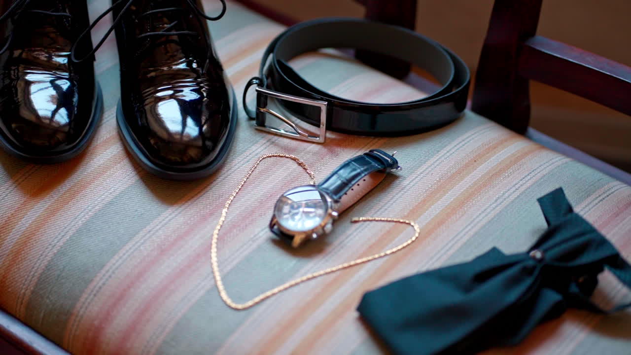 Accessori eleganti disposti: scarpe, orologio, cintura e papillon per un evento formale.