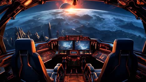 a view of the cockpit of a spaceship with a view of a planet in the background