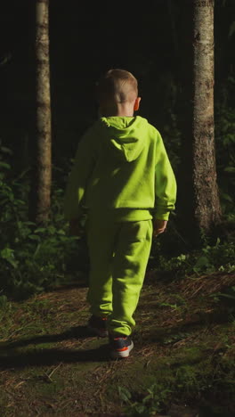 curious little boy in bright tracksuit goes alone into forest. child goes into evening thickets from stairs of home in search of adventure. nature environment