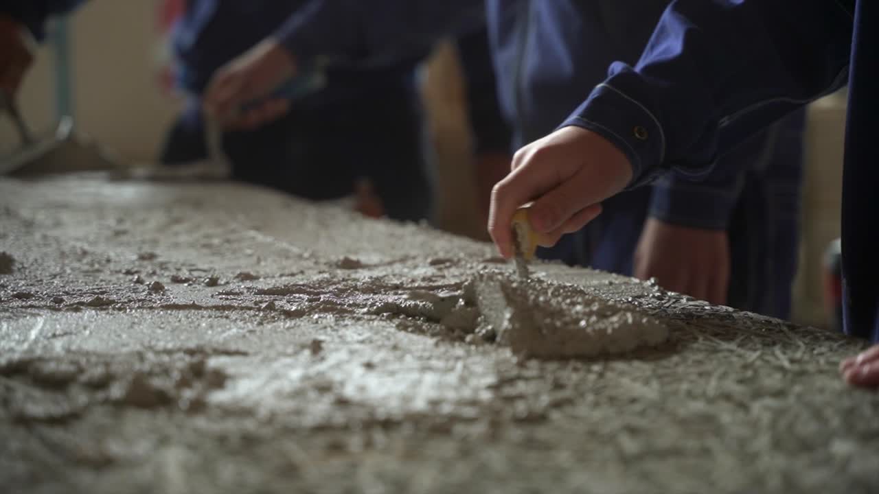 grupo de personas que trabajan en equipo con una paleta extendiendo cemento sobre un elemento plano