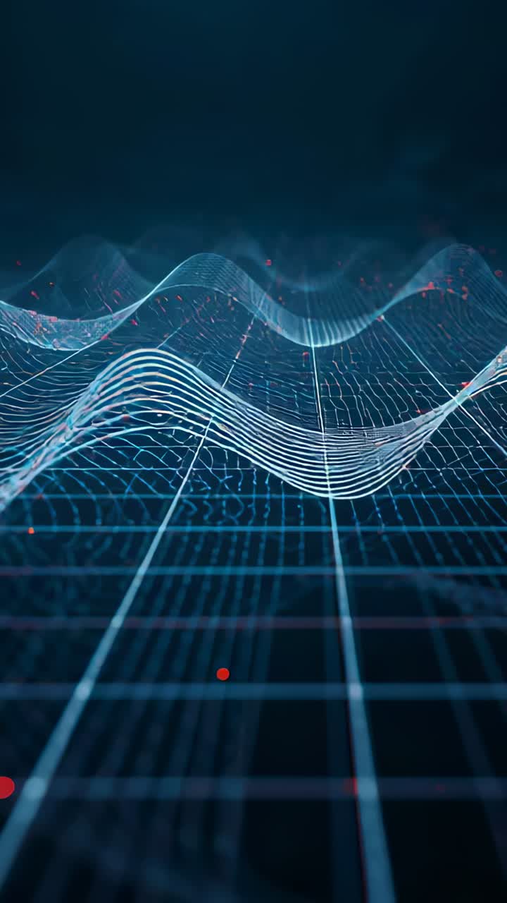 Vertical video: Frame1 starting cyan waves advancing across blue grid visualizing data, red marker